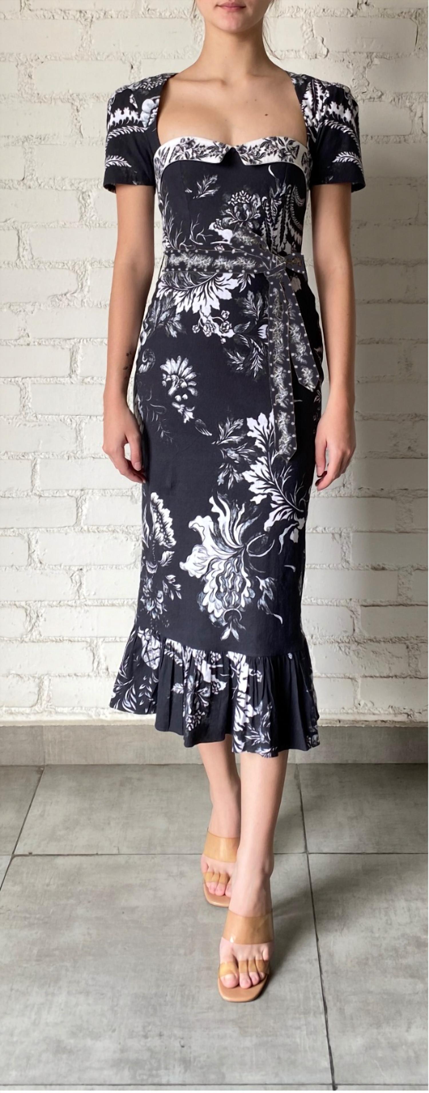 HEMANT & NANDITA Dea Tie Up Belt Midi Dress in black white - women's dress