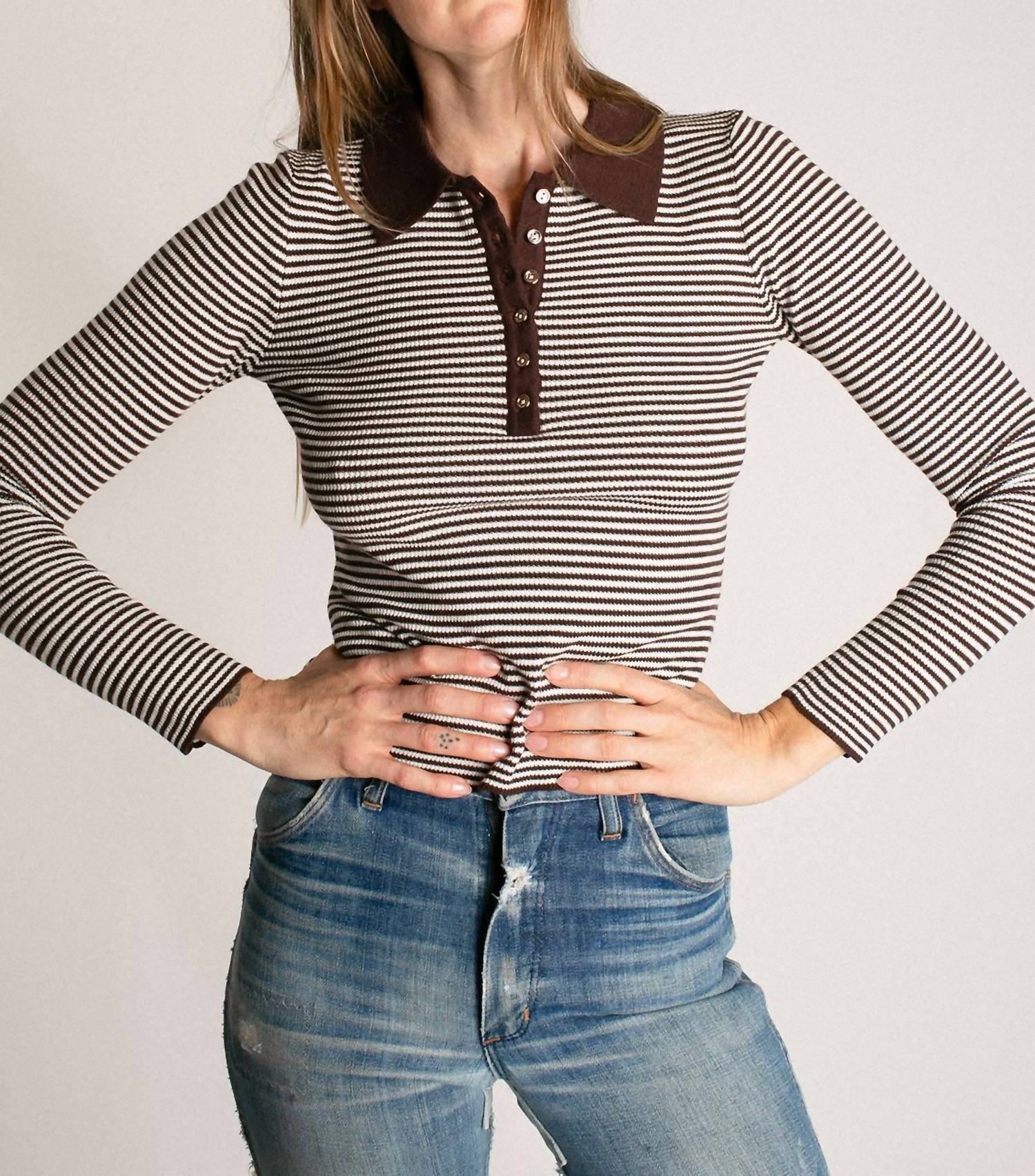 ROLLA'S Stripe Knit Top in chocolate - women's long sleeve top - detail view