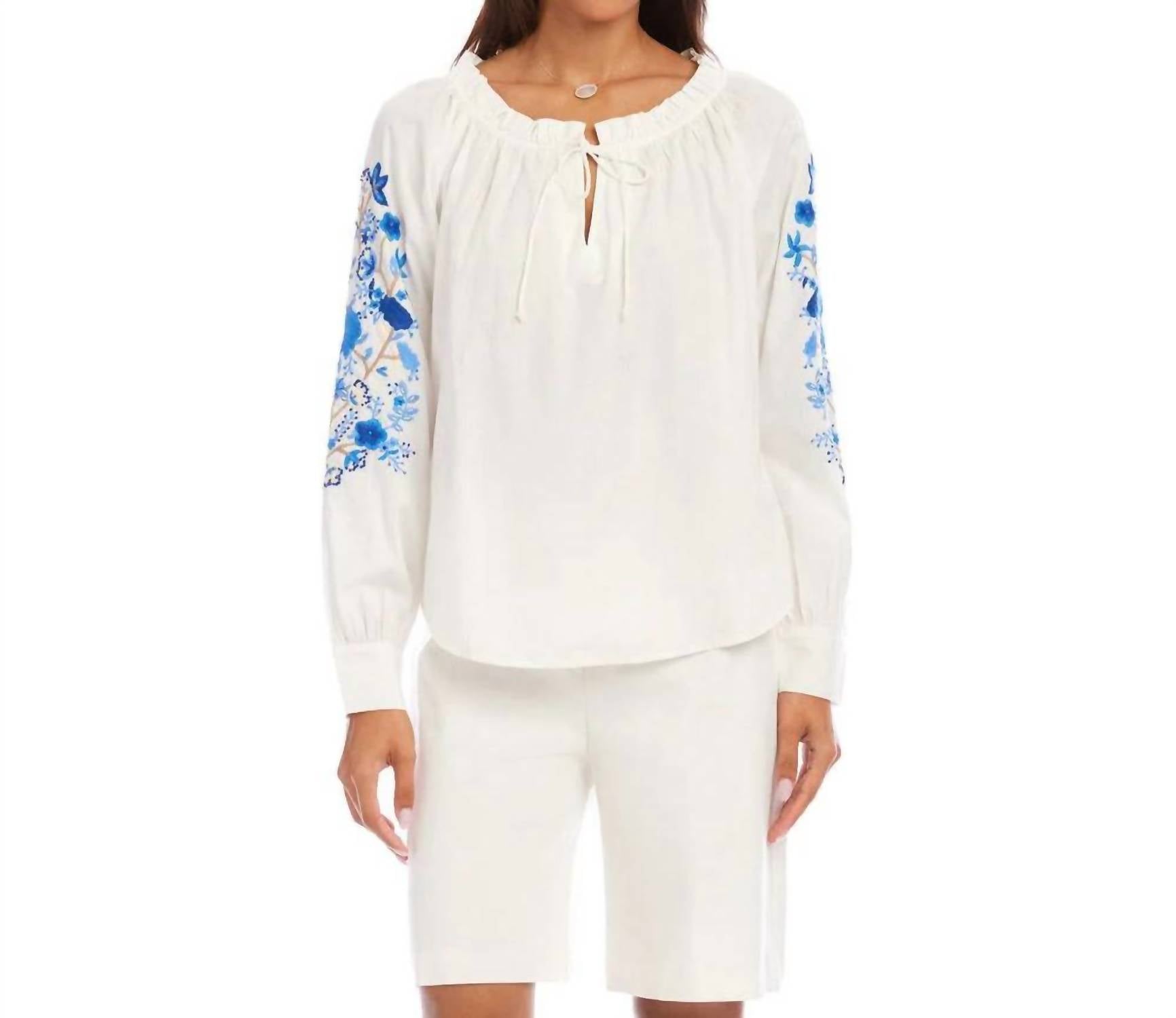 Karen Kane - Embroidered Blouson Sleeve Tie-Neck Peasant Top