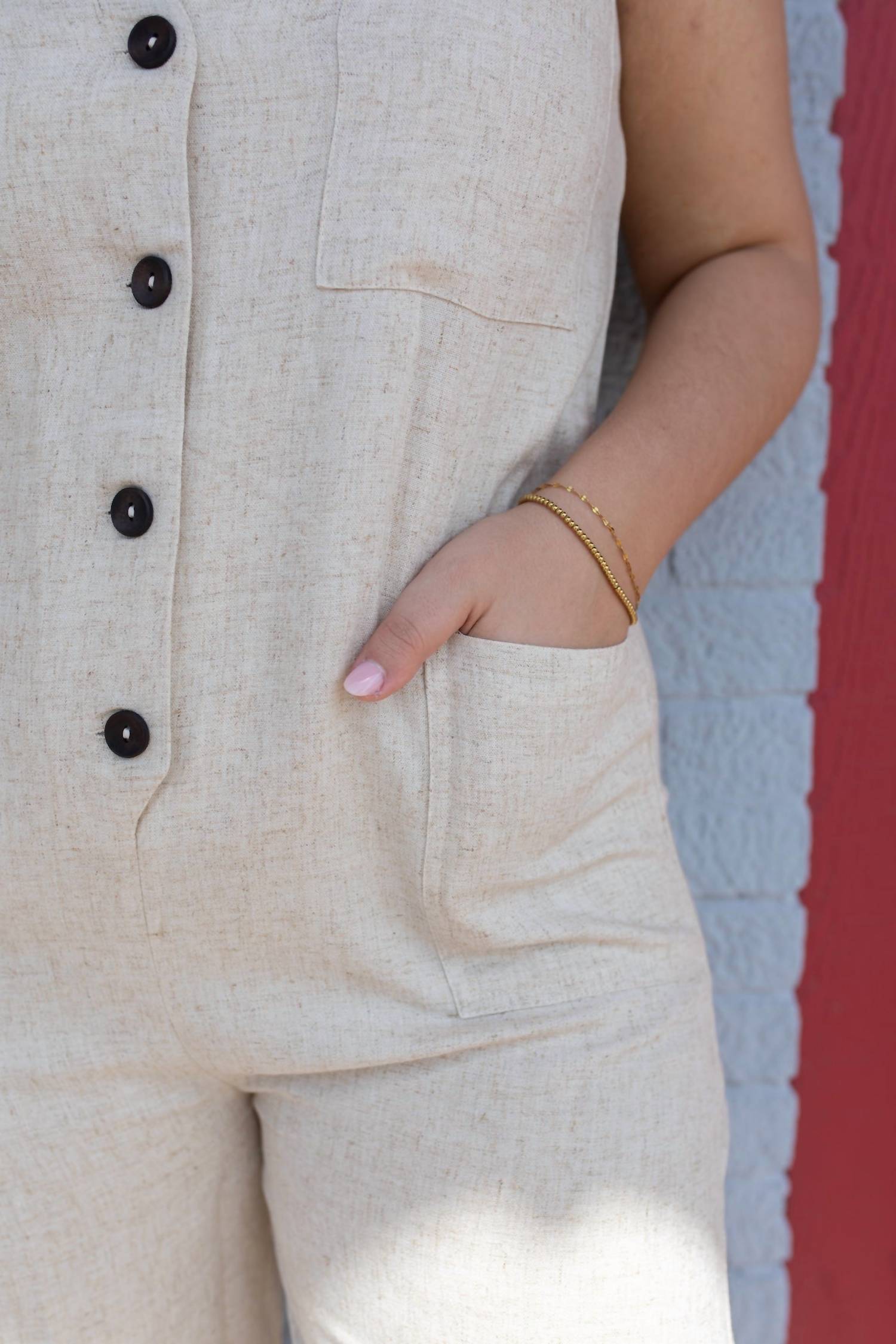 MIOU MUSE Laid-Back Linen Button Down Jumpsuit in beige - women's pants - alternate view