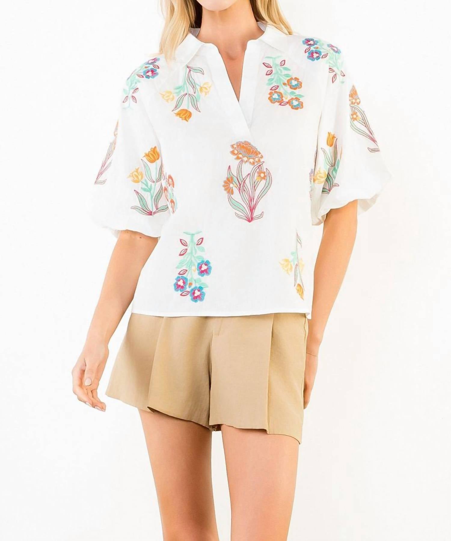 Thml - Short Sleeve Embroidery Detail Collared Top