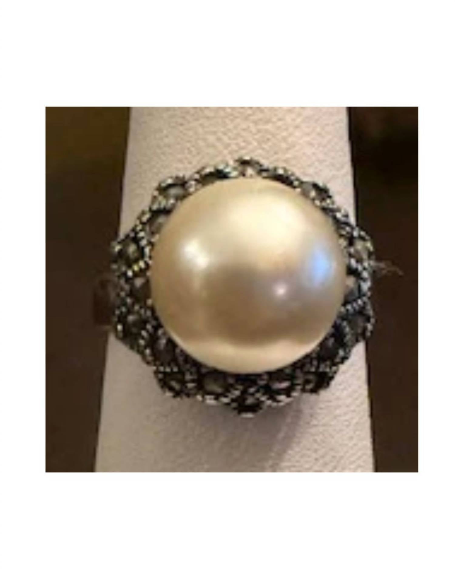 P & K Jewelry Women's Sterling Marcasite Ring in silver pearl - women's jewelry - detail view