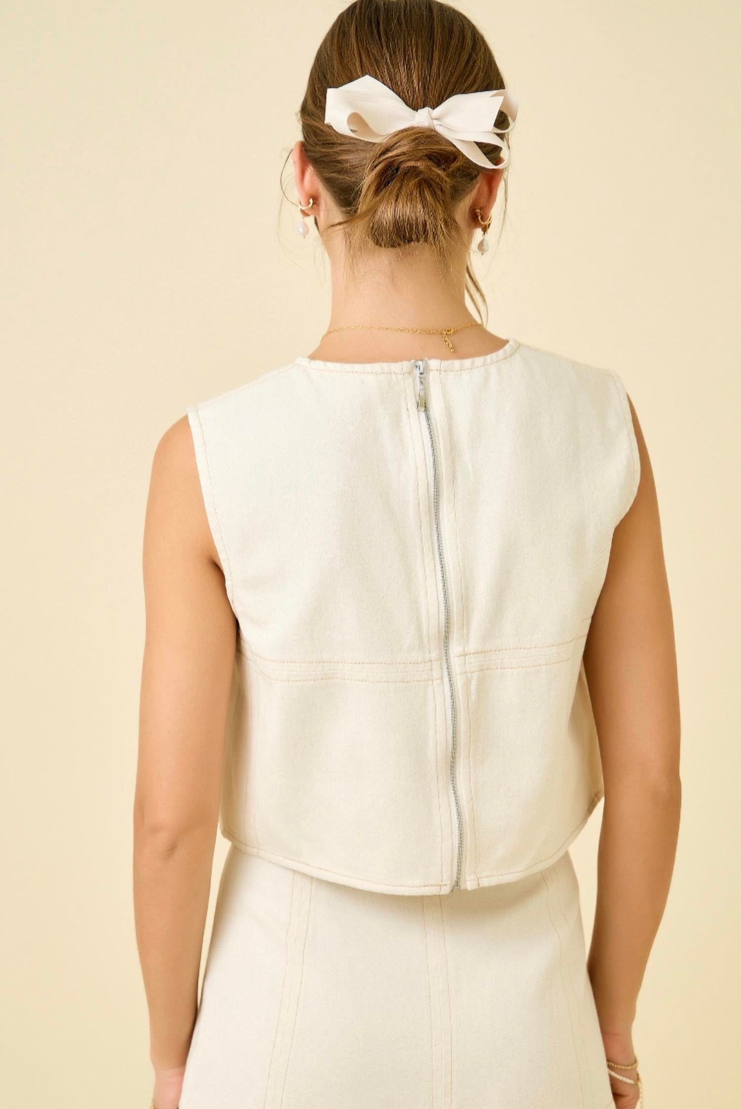 Day + Moon - Denim Crop Top With Back Zipper Detail