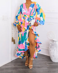 Surelymine - Color Splash Ruffle Wrap Maxi Dress with Balloon Sleeves