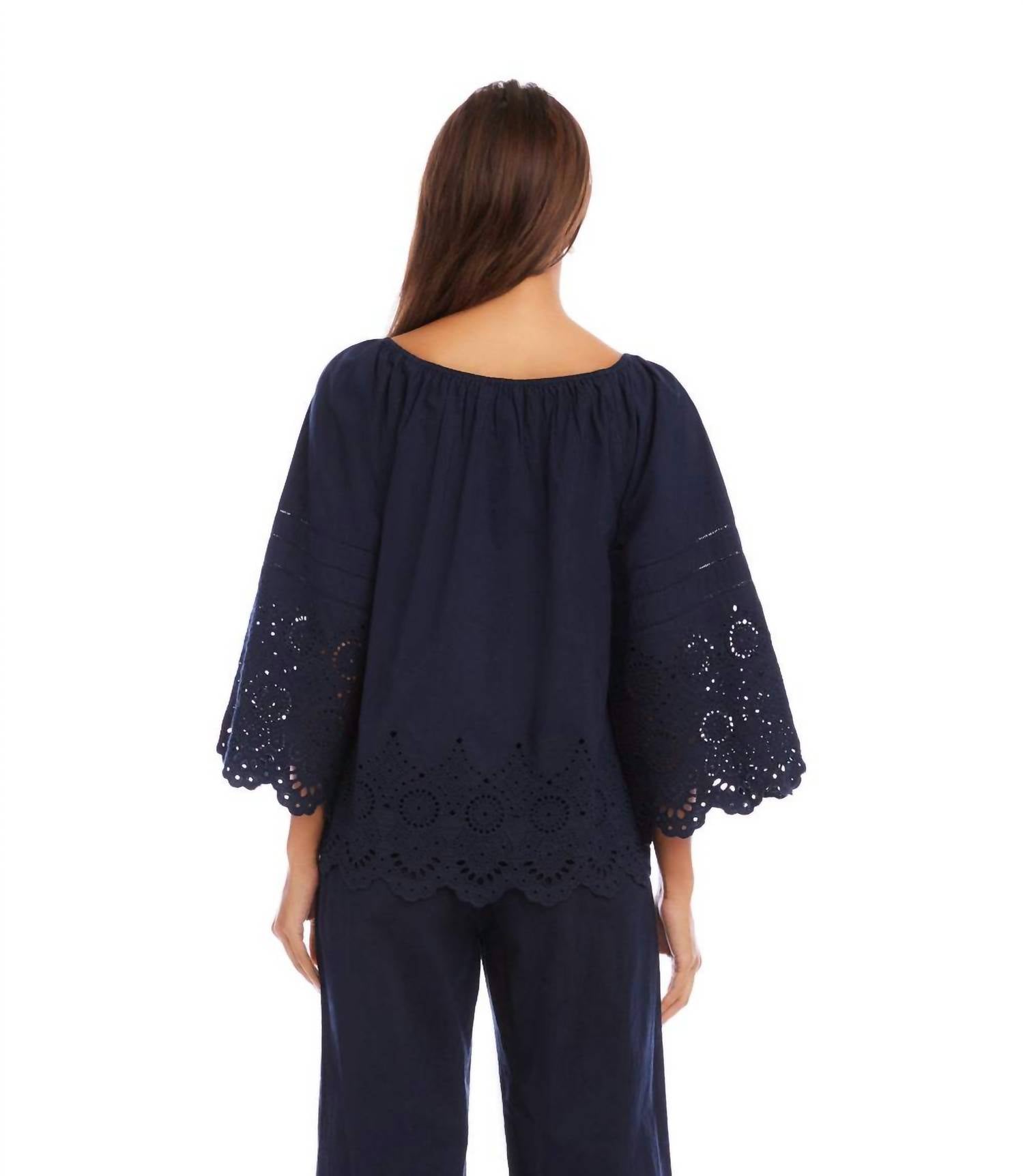 Karen Kane - Flare Sleeve Embroidered Scallop Edge Peasant Top