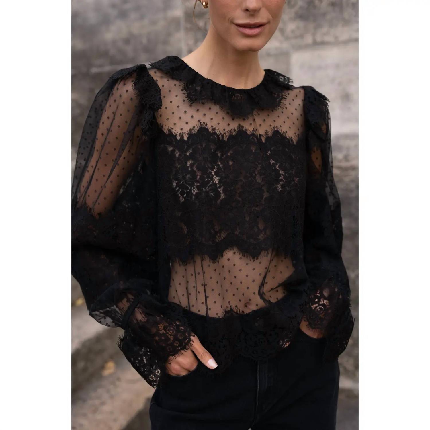 CHOKLATE PARIS Lace Peter Pan Collar Blouse in black - women's blouse