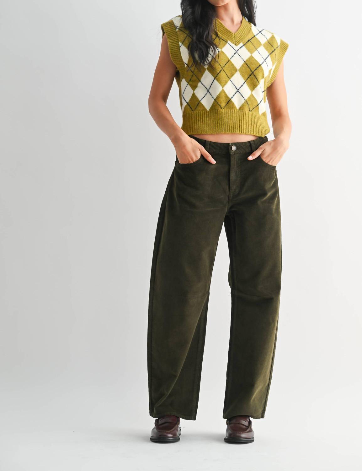 JUST BLACK DENIM Corduroy Barrel Jeans in olive - women's jeans - view 4