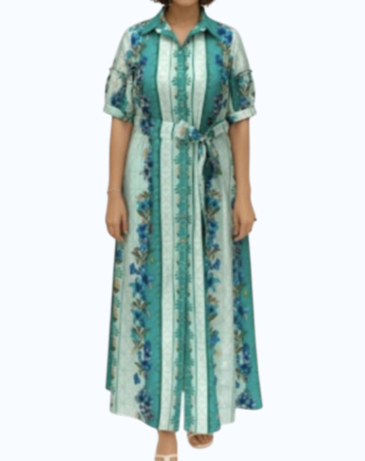 Celina Moon - Short Sleeve Striped Floral Maxi Dress