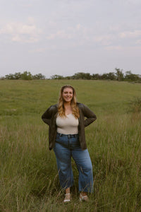 SKIES ARE BLUE Satin Button Up Top in olive - women's long sleeve top - alternate view