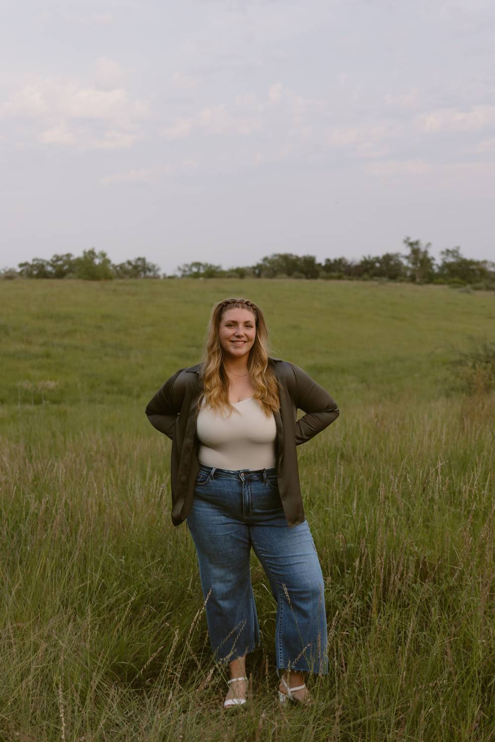 SKIES ARE BLUE Satin Button Up Top in olive - women's long sleeve top - alternate view