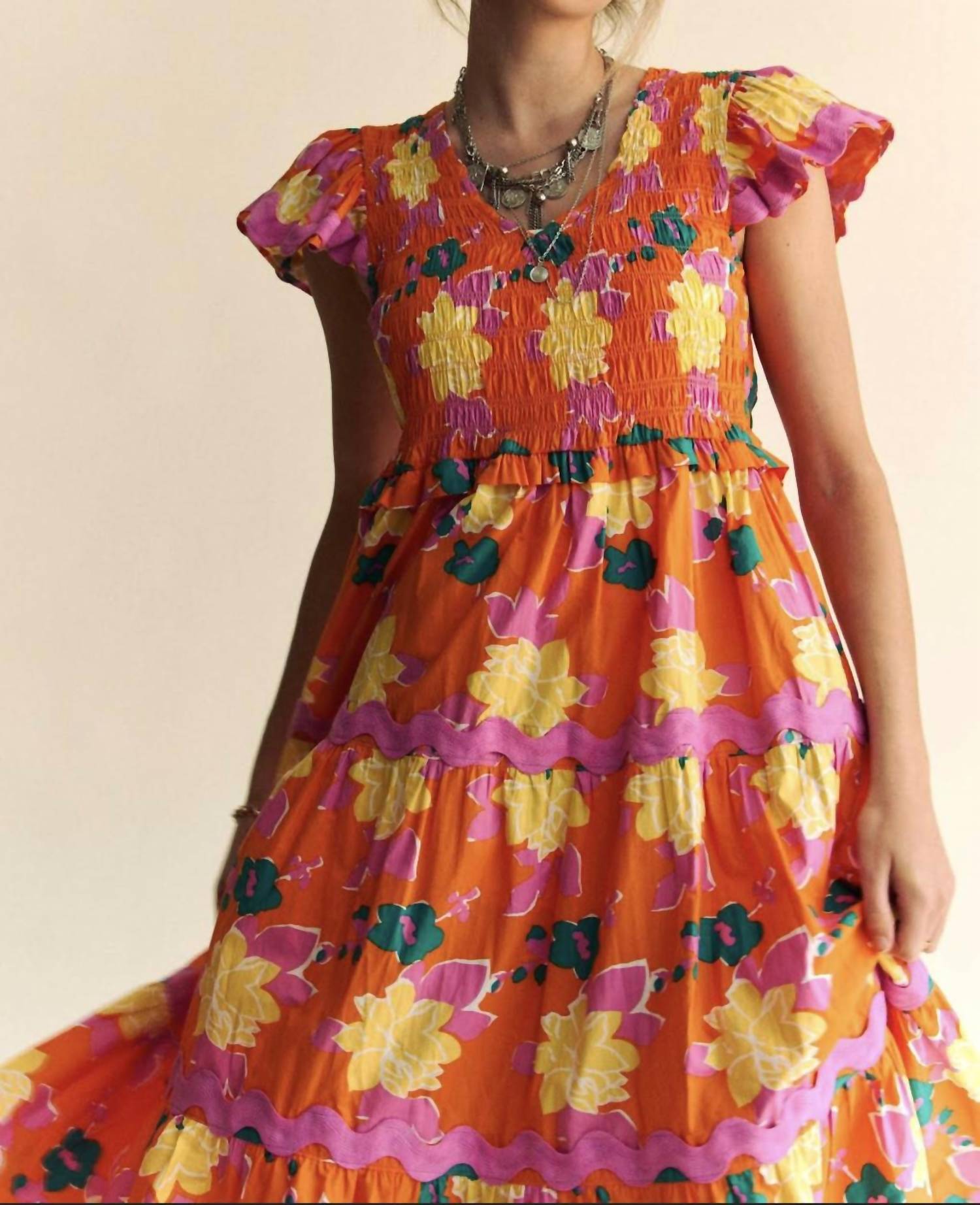 Davi & Dani - Floral Flutter Sleeve Midi Dress