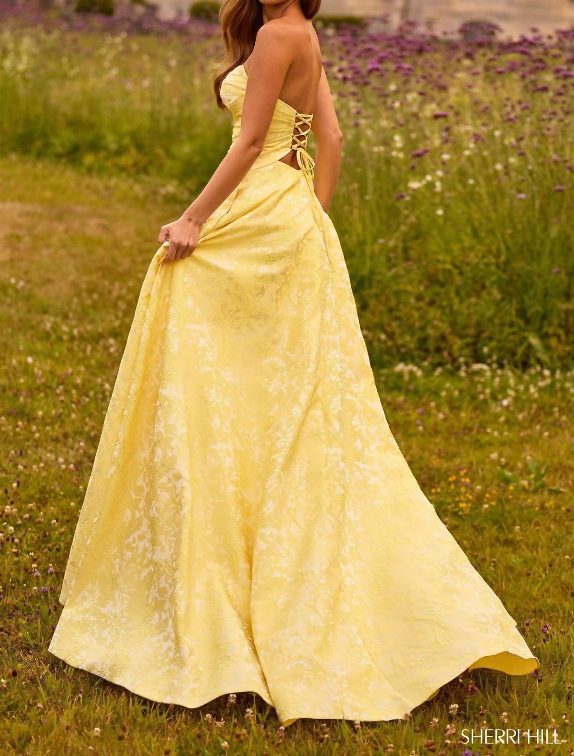 Sherri Hill Strapless Brocade Gown in yellow - women's dress - alternate view