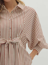 entro Striped Bow Tie Mini Shirt Dress in brick - women's dress - view 5