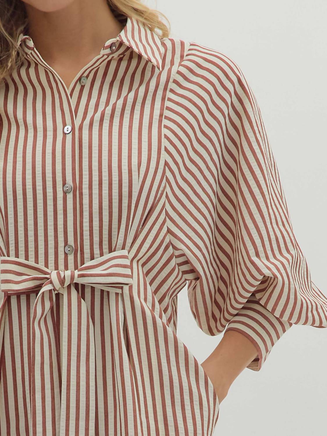 entro Striped Bow Tie Mini Shirt Dress in brick - women's dress - view 5