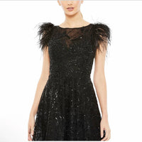 Mac Duggal - Feather Shoulder Sequin Embellished Midi Dress