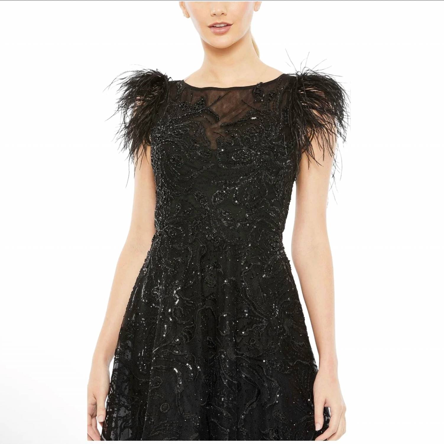 Mac Duggal - Feather Shoulder Sequin Embellished Midi Dress