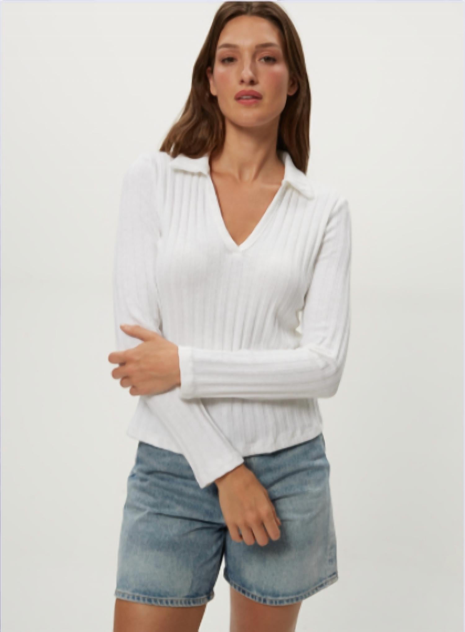 Michael Stars - Liyah London Rib Long Sleeve Collared Tee