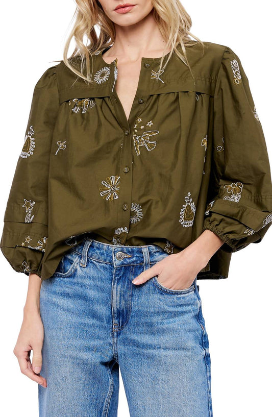 Ciebon - Lilane 3/4 Bubble Sleeve Buttondown Embroidered Top
