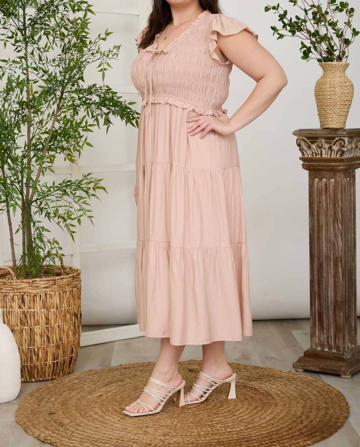 Blu Pepper - Smocked Front Tie Ruffle Detail Tiered Midi Dress - Plus