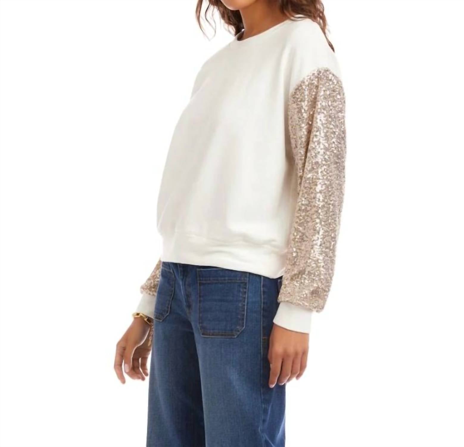 Karen Kane Sequin Sleeve Top in cream 1 - women's sweater - detail view