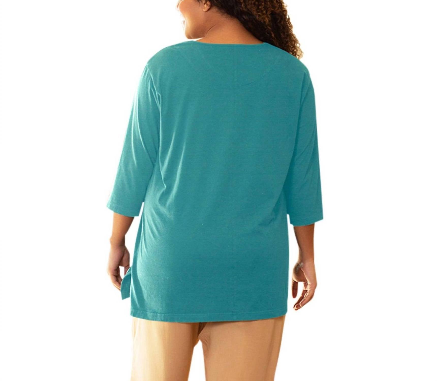 On The Plus Side - Cotton U-Neck 3/4 Sleeve Tee - Plus