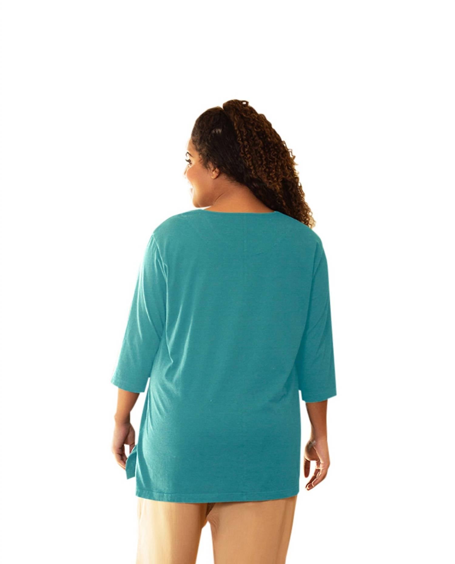 On The Plus Side - Cotton U-Neck 3/4 Sleeve Tee - Plus