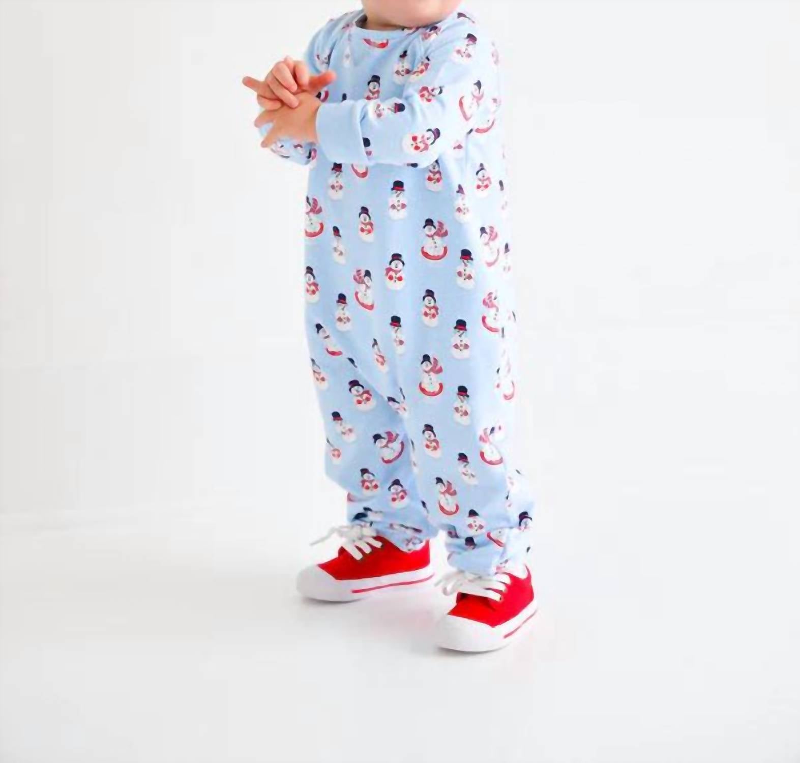 The Beaufort Bonnet Company Boy's Cassidy Comfy Crewneck Romper in frosty friends with beale street blue - kids' item