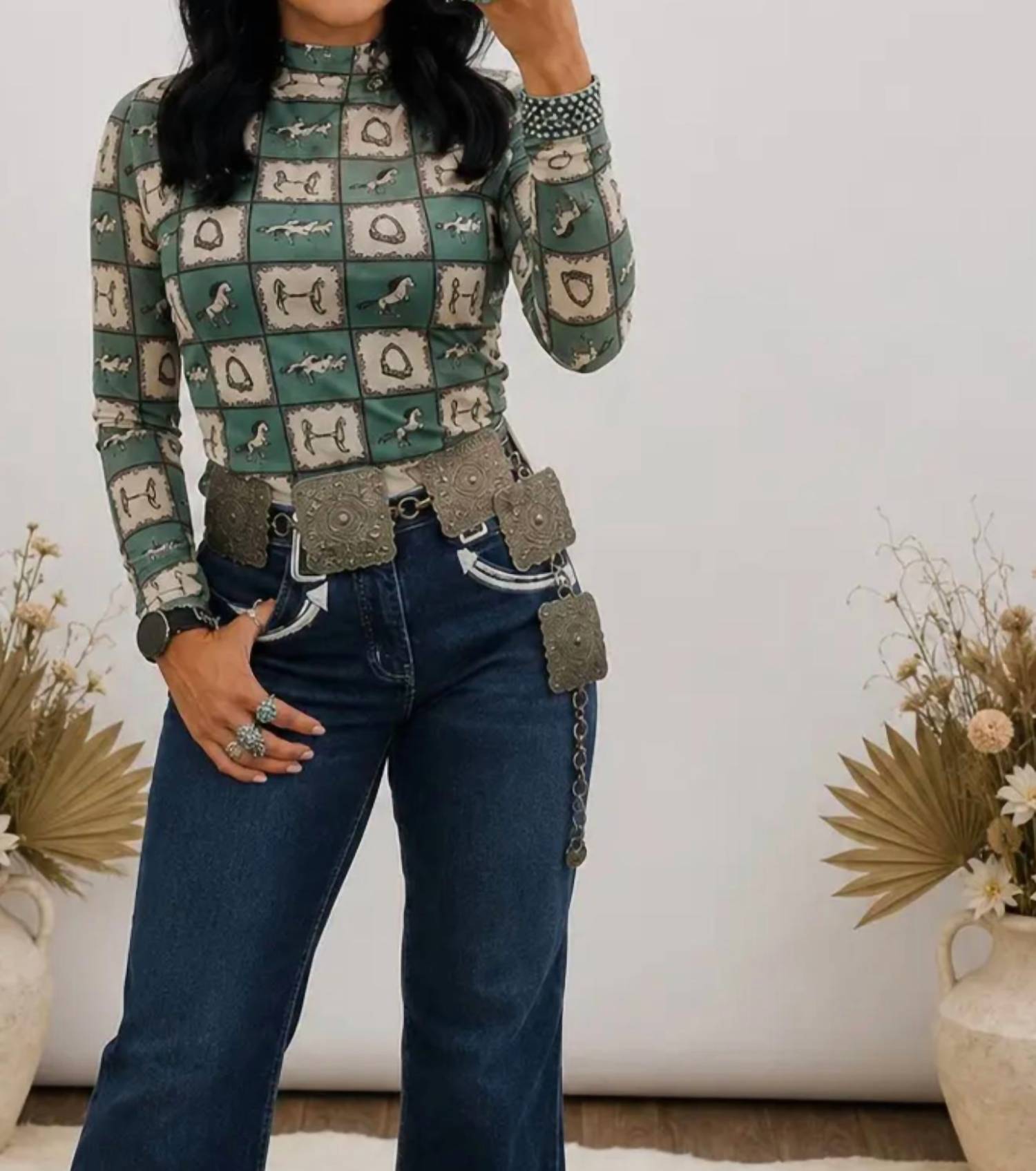 Lucky & Blessed - Checked Mesh Long Sleeved Top