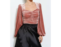 INA Fashion Luxe Velvet Heart Ruched Sweetheart Top in dusty pink - women's shirt - detail view