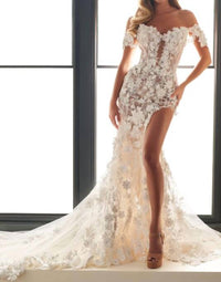 Enchanting by Mon Cheri Lined High Slit Off The Shoulder Wedding Gown in ivory champagne - women's dress