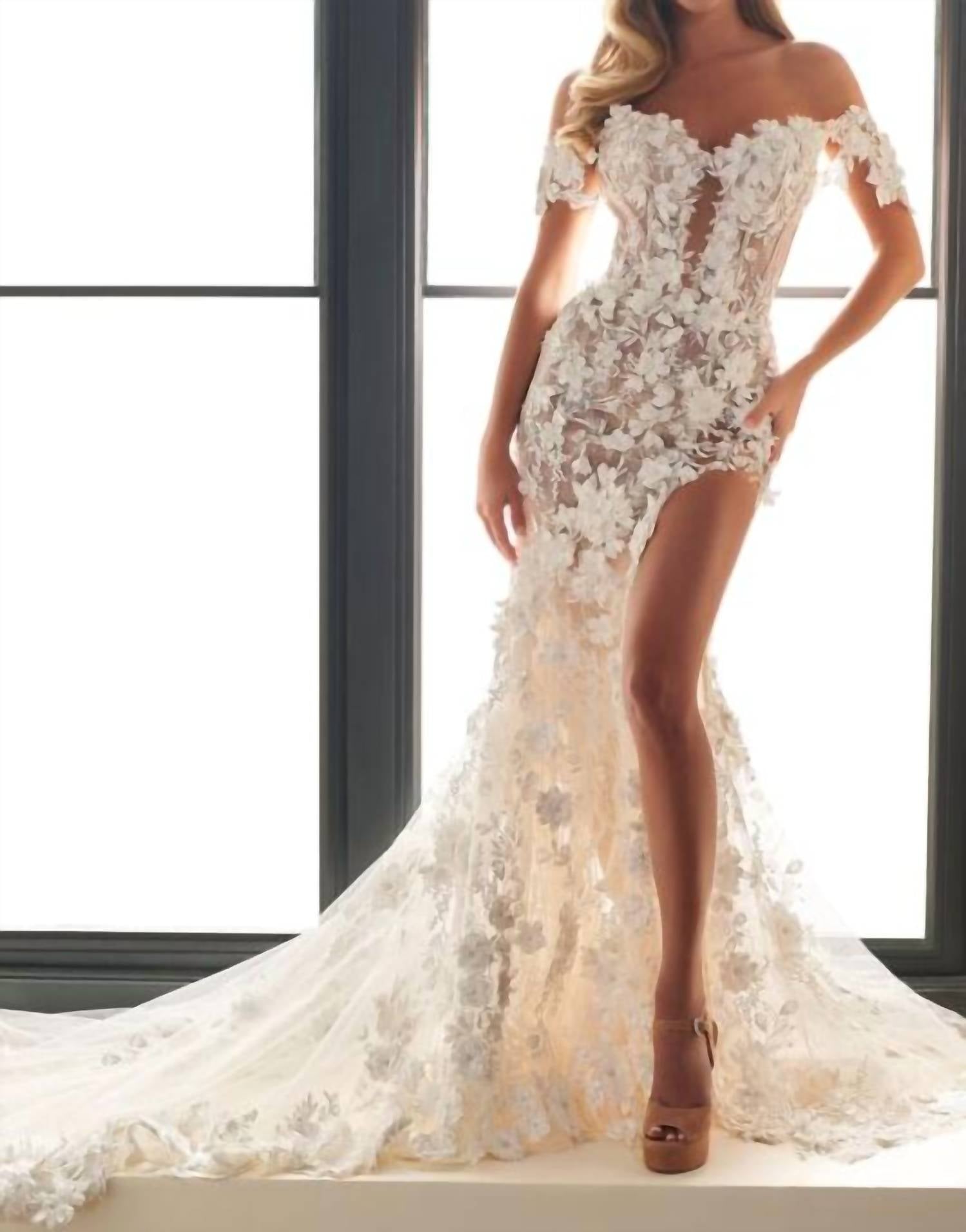 Enchanting by Mon Cheri Lined High Slit Off The Shoulder Wedding Gown in ivory champagne - women's dress