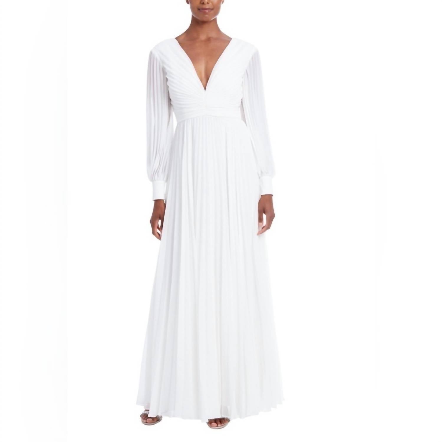 Badgley Mischka - Pleated Long Sleeve V Neck Gown