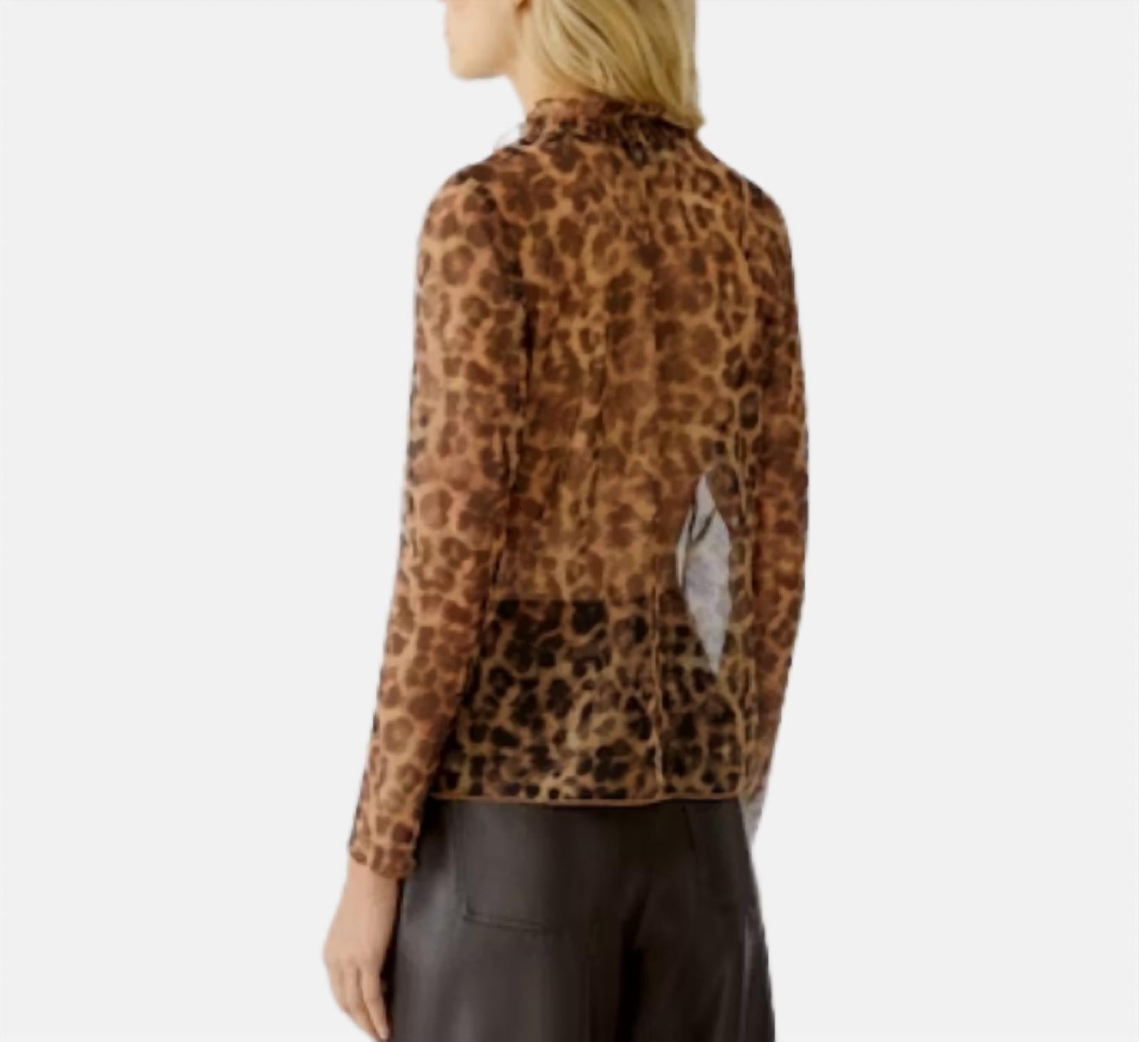 Oui Mock Neck Animal Print Sheer Top in camel grey - women's blouse - detail view