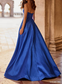 Sherri Hill Strapless A-line Hot Fix Gown With Slit in royal - women's dress - detail view