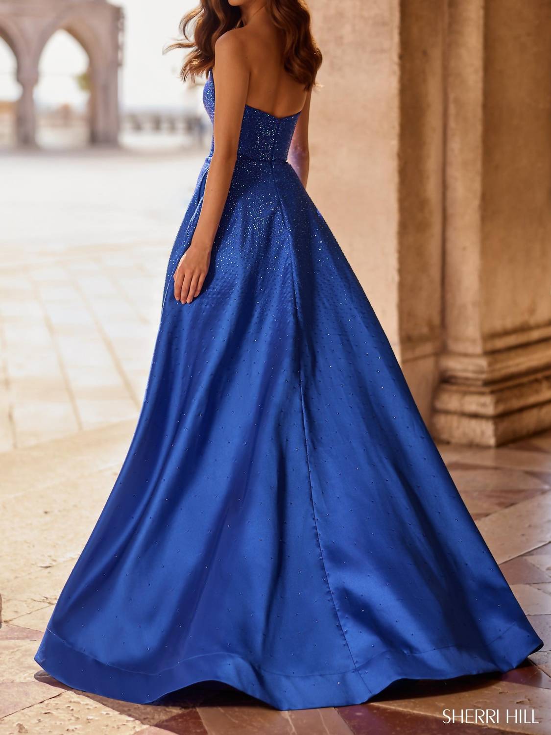 Sherri Hill Strapless A-line Hot Fix Gown With Slit in royal - women's dress - detail view