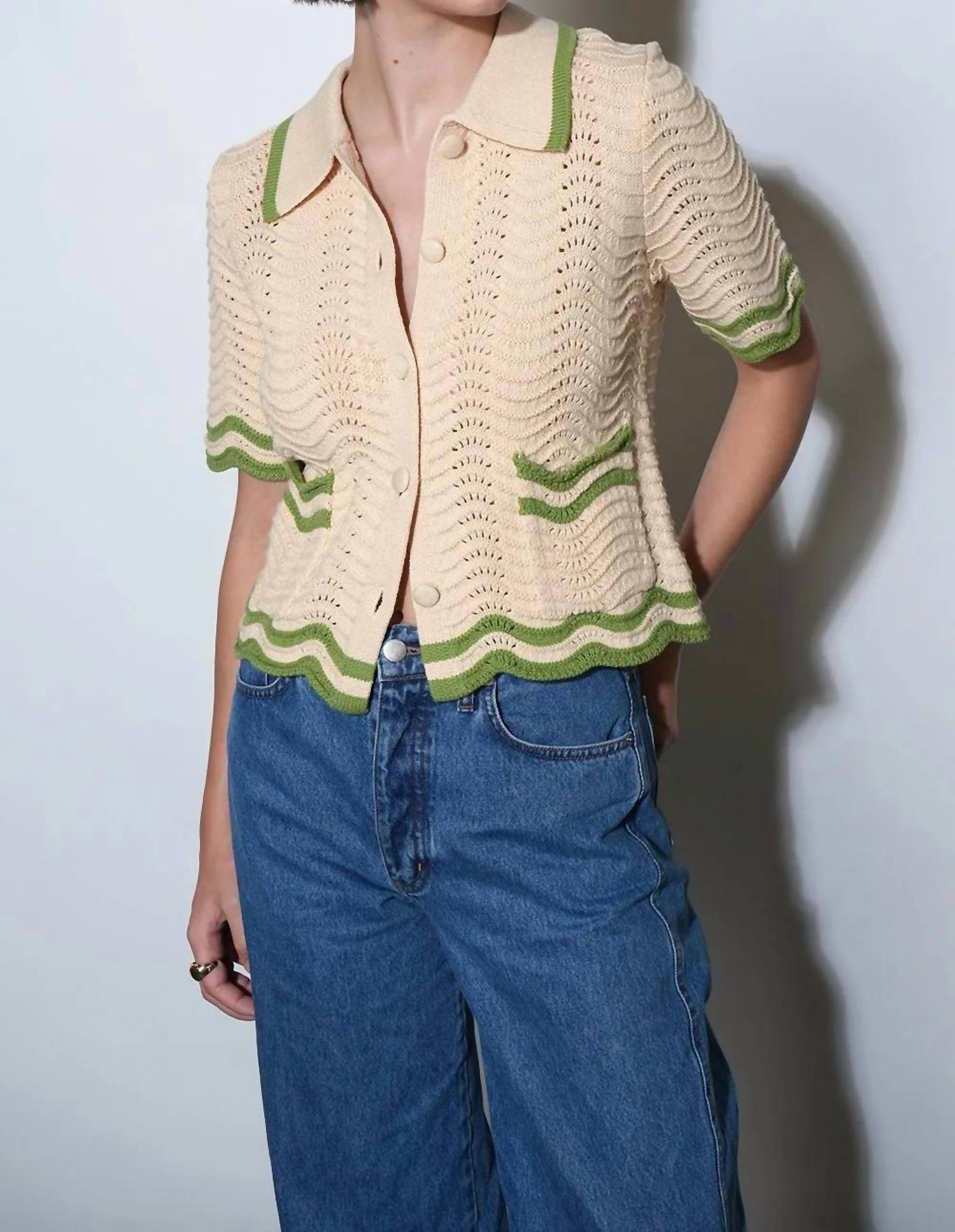 Greylin - Women's Amelia Scallop Hem Button Up Crochet Cardigan