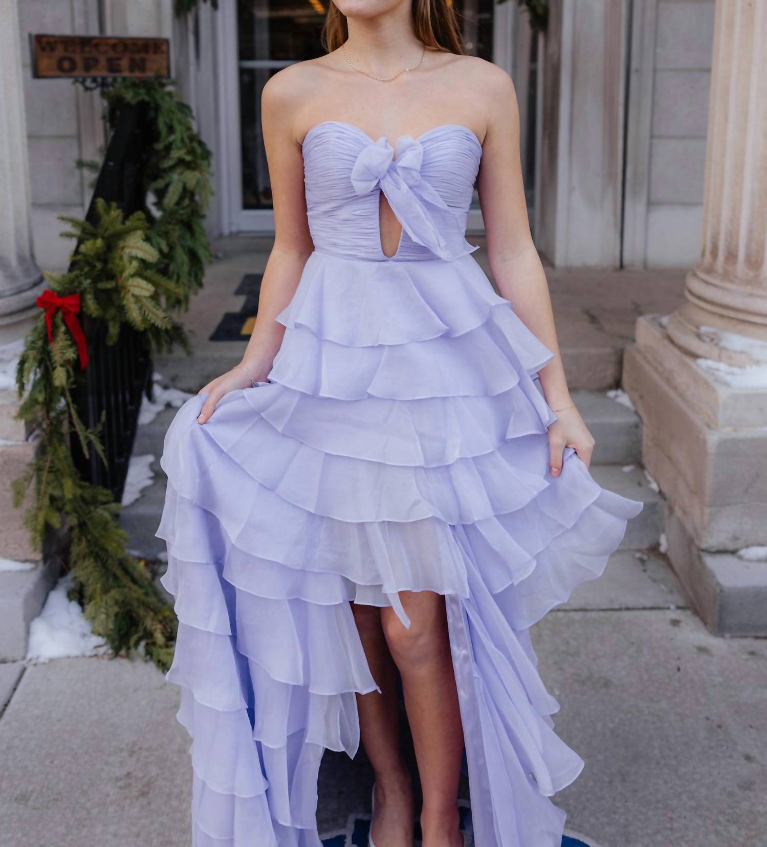 Sherri Hill Strapless Chiffon Prom Dress in lilac - women's dress - detail view