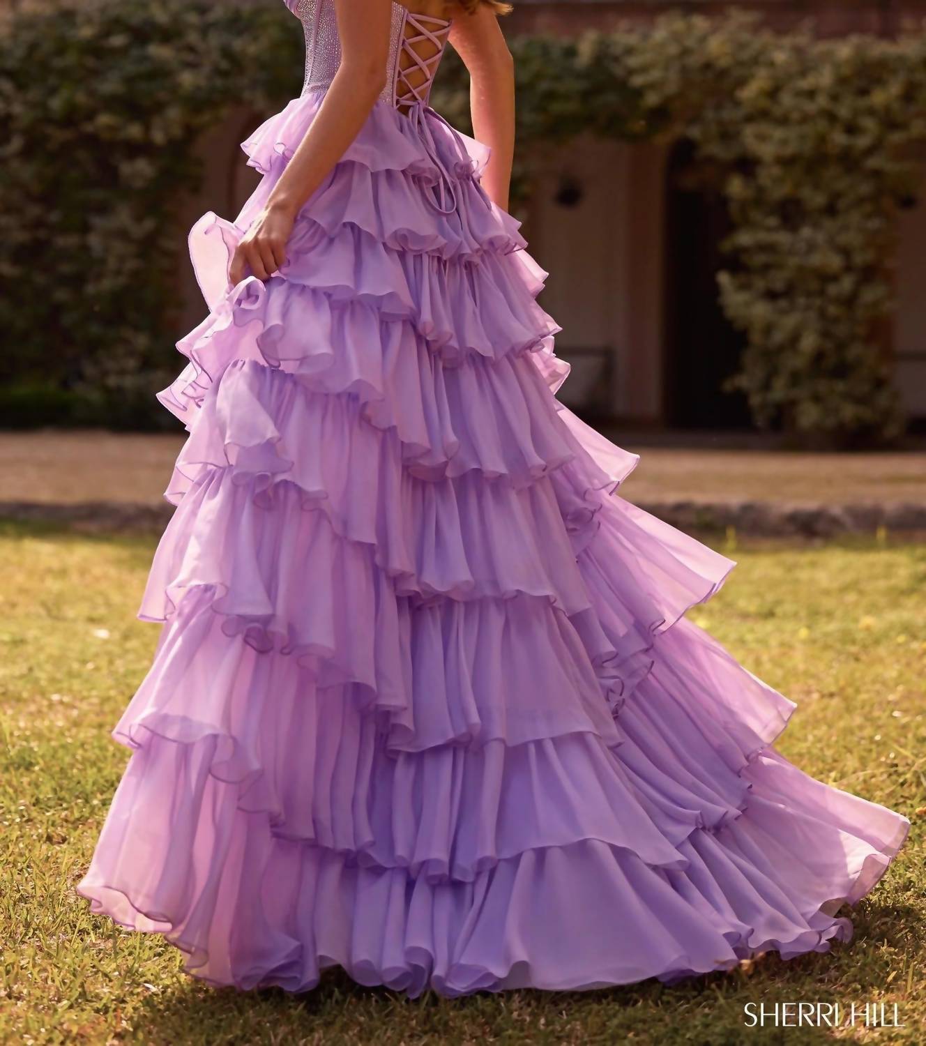 Sherri Hill Strapless Prom Dress With Chiffon Ruffle Skirt in lilac - women's dress - alternate view