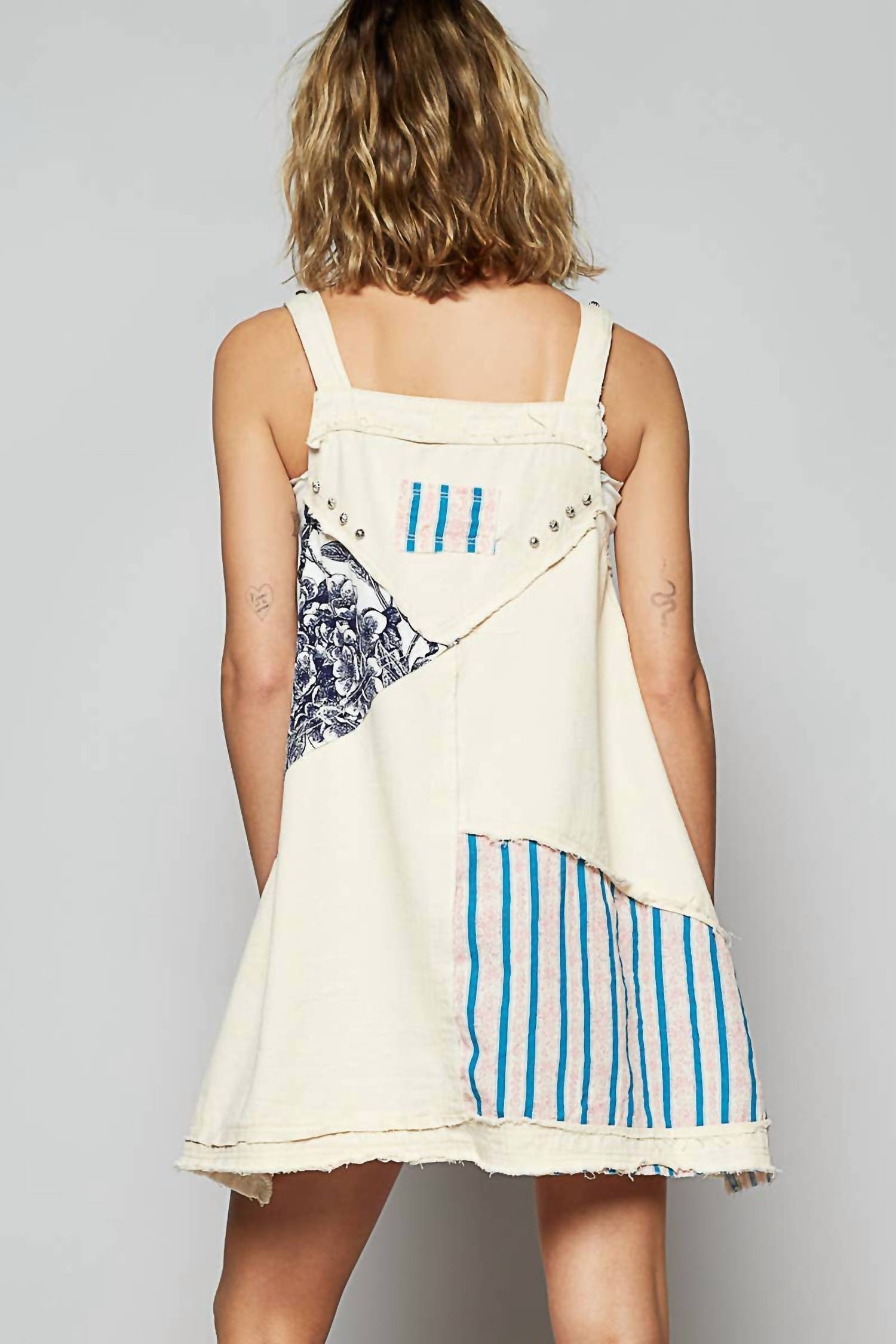 POL Floral Print Contrast Twill Mini Dress in oatmilk - women's dress - detail view