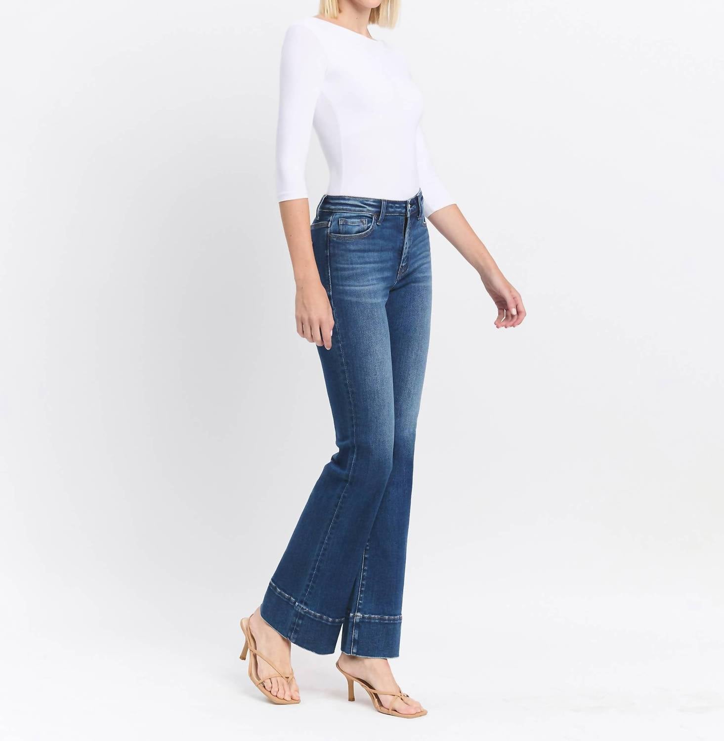 VERVET BY FLYING MONKEY Snowdrop High Rise Trouser Hem Bootcut Jeans in medium wash - women's jeans - detail view