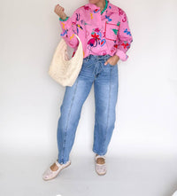 Karlie Poplin Button Up Top in magenta artist - women's blouse - alternate view