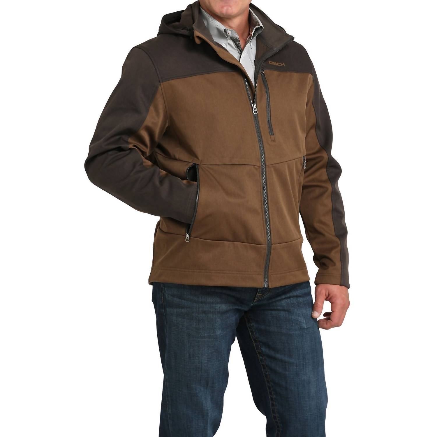 CINCH Men's Hooded Micro Waffle Bonded Fleece Jacket in brown - men's shirt - detail view