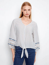 Charlie B - Yarn Dye Stripe V-Neck Tie Front Blouse With Embroidery