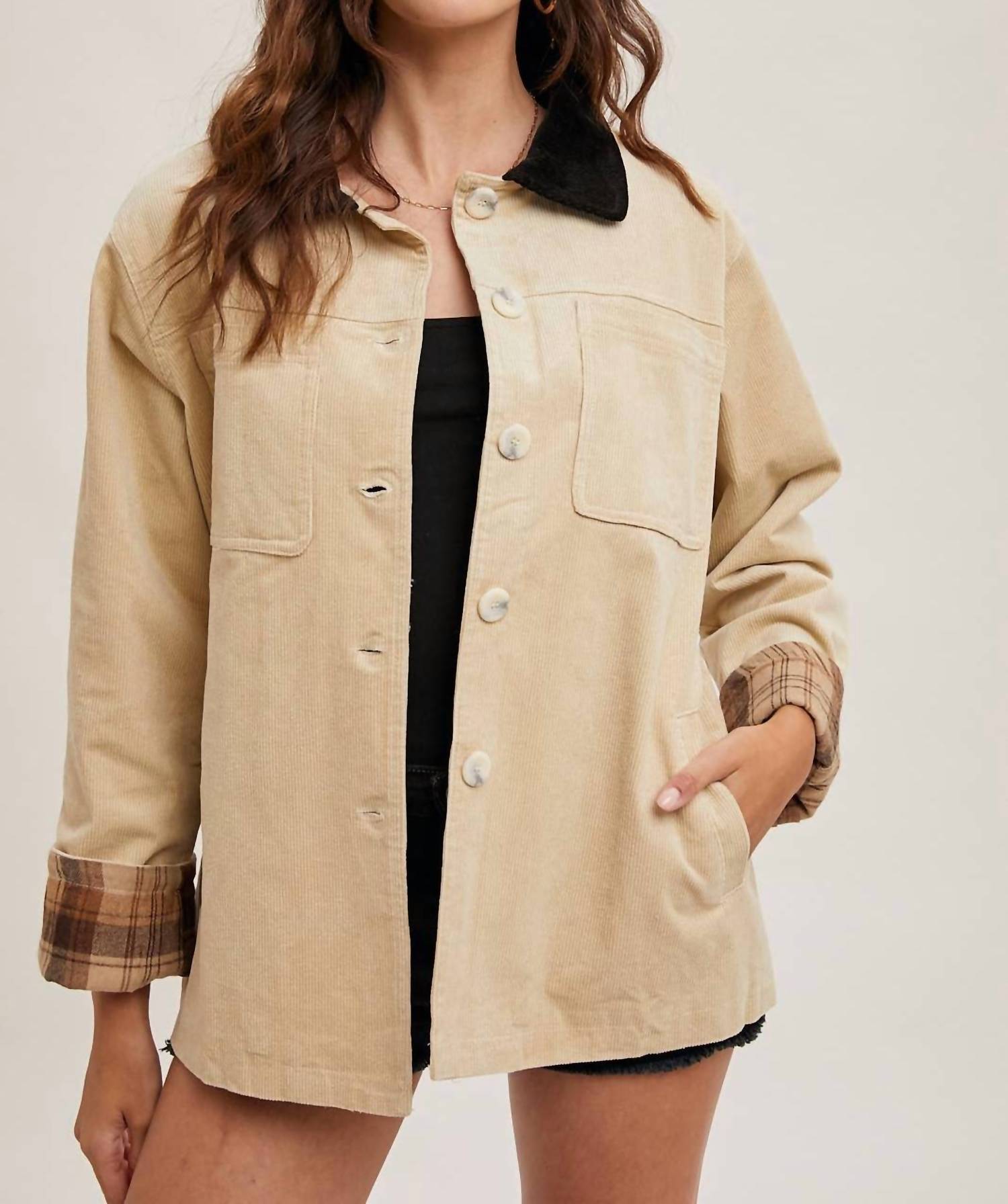 Bluivy - Inner Plaid Corduroy Button Down Barn Coat
