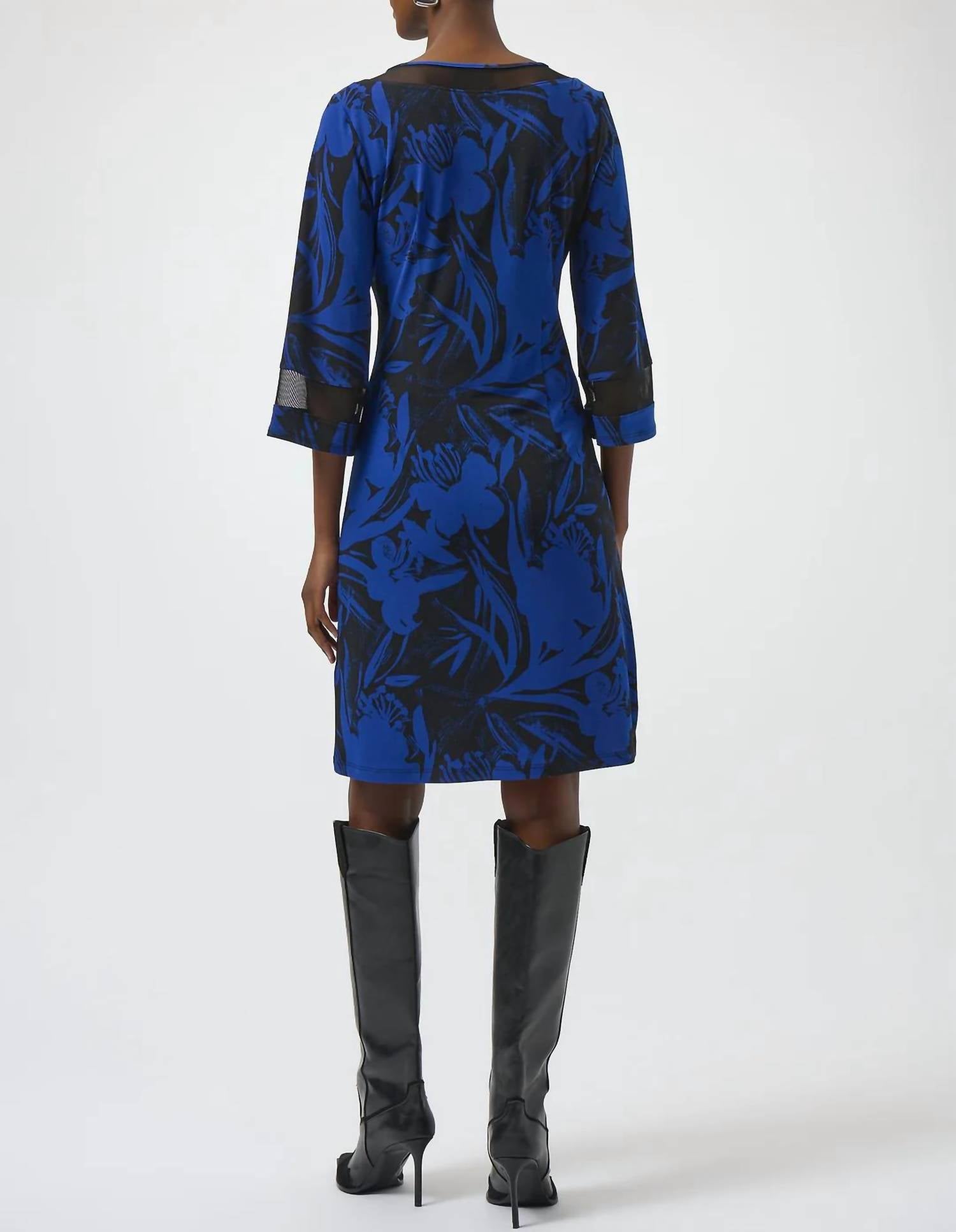 Joseph Ribkoff - Floral Print V-neck 3/4 Sleeve A-line Dress
