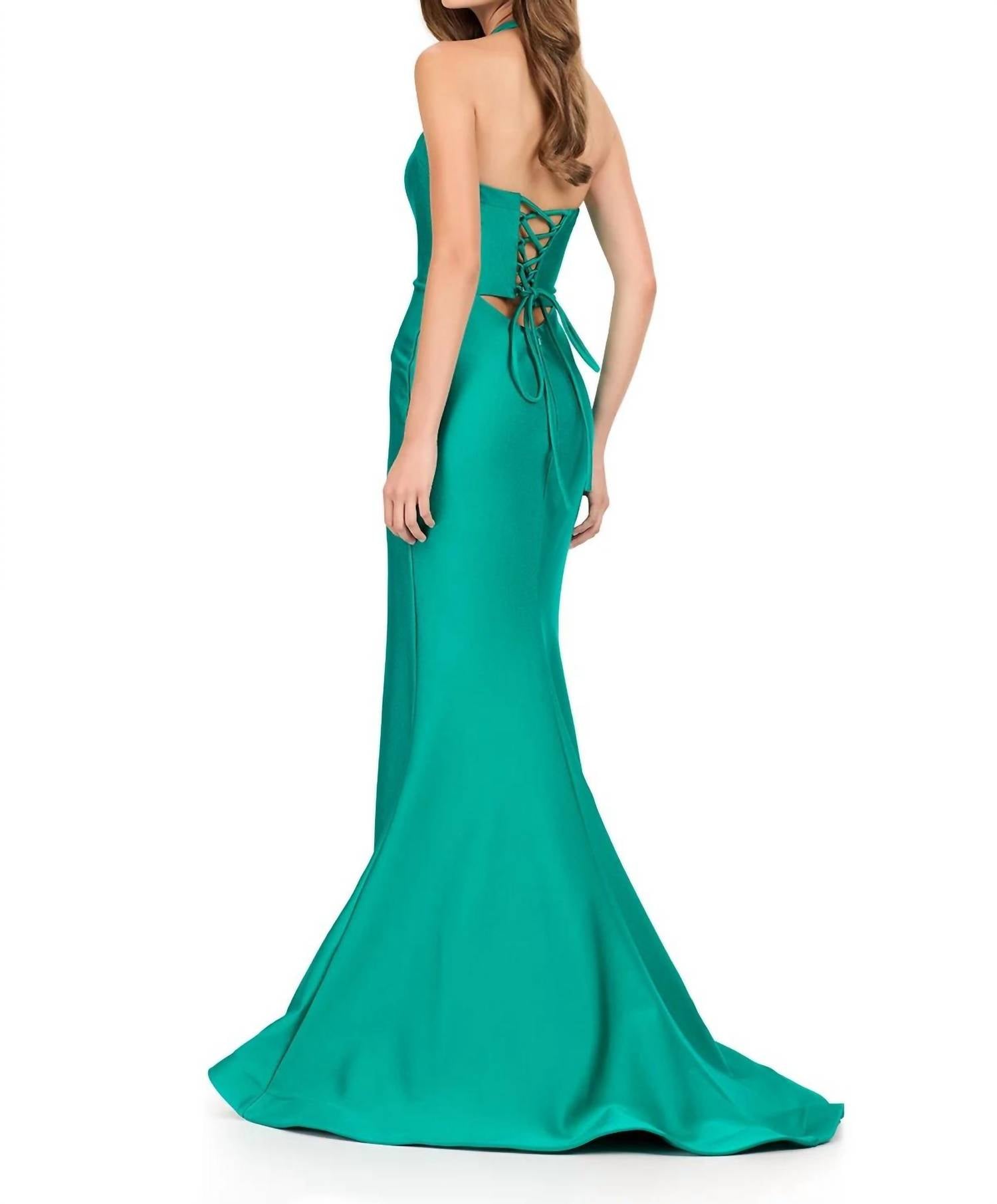 ASHLEYlauren Fitted Halter Prom Dress in emerald - women's dress - detail view