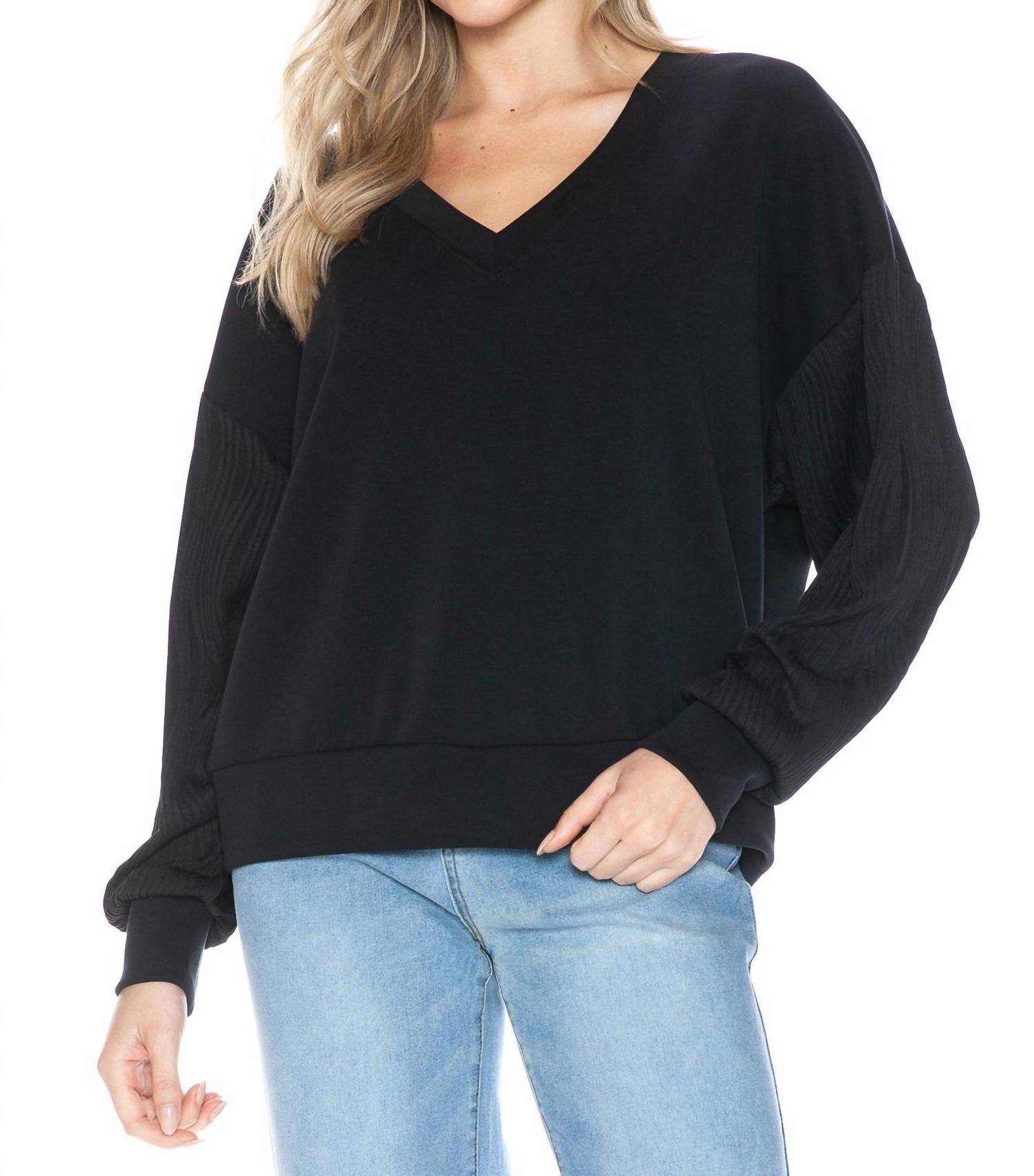 ariella V-neck Top With Contrast Sleeve in black - women's sweater - view 5