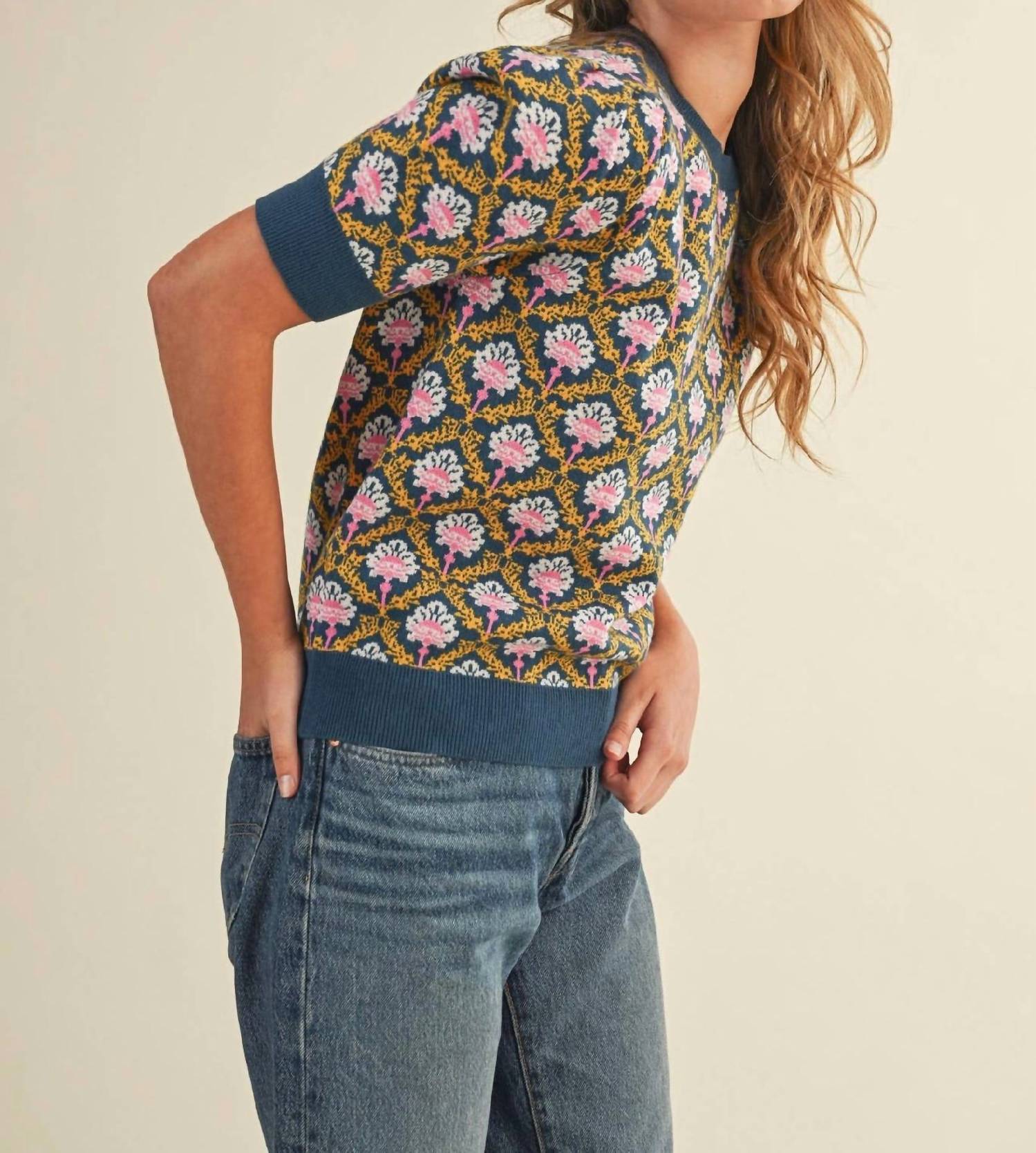 &merci Brandy Floral Knit Sweater in peacock blue multi - women's sweater