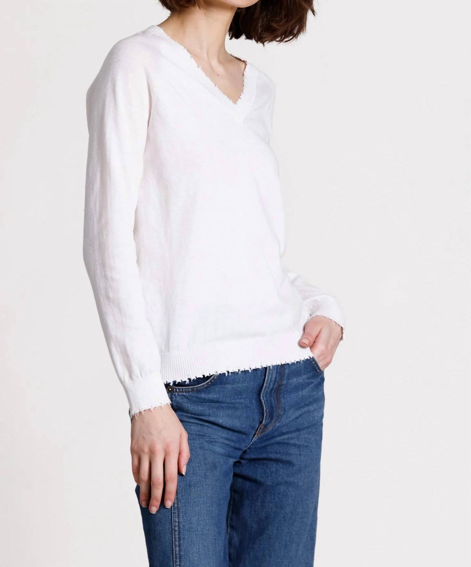 Minnie Rose - Cashmere Frayed Edge V Neck Sweater