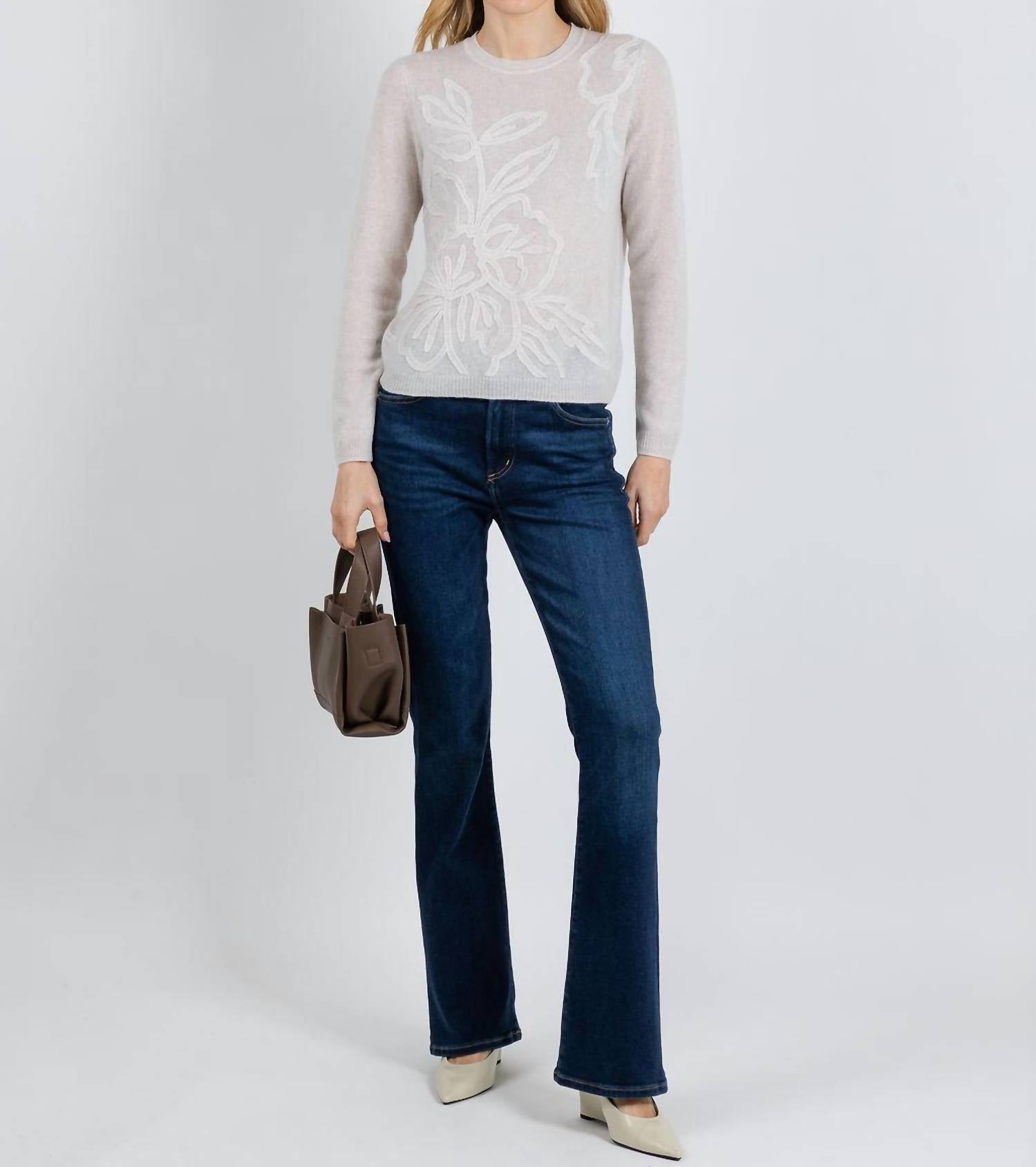 Kinross Floral Embroidered Crew Sweater in cloud - women's sweater - detail view